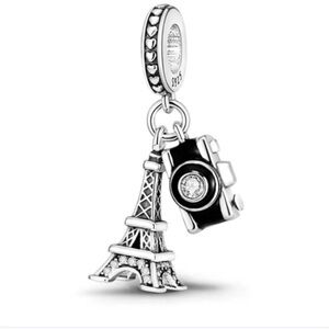 Sterling Silver Camera & Eiffel Tower Travel Charm Pendant - Black & Silver